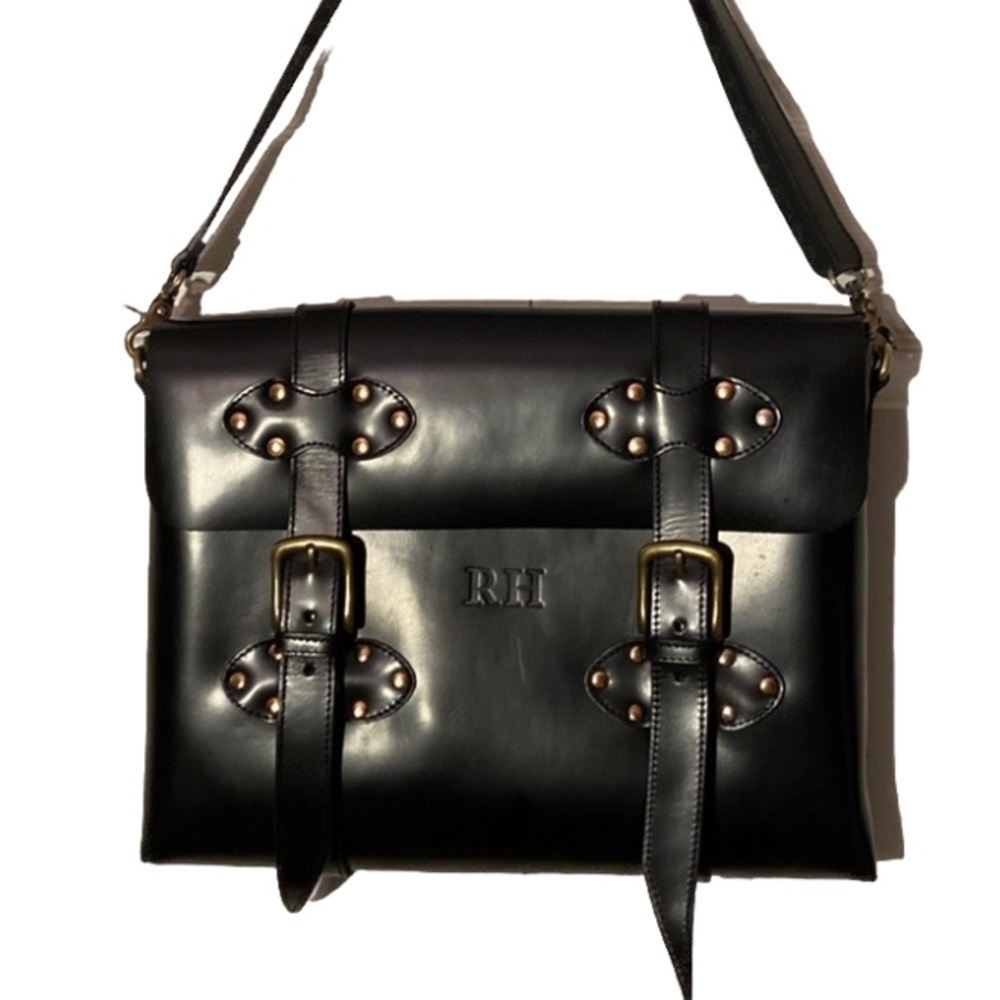 RESTORATION HARDWARE  Western Style Black Leather Briefcase / Messenger Bag